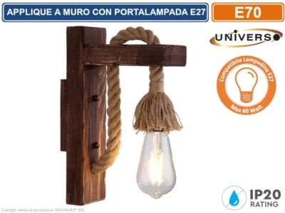 UNIVERSO APPLIQUE VINTAGE COUNTRY RETRO' DA PARETE IN CORDA E LEGNO CON PORTALAMPADA E27
