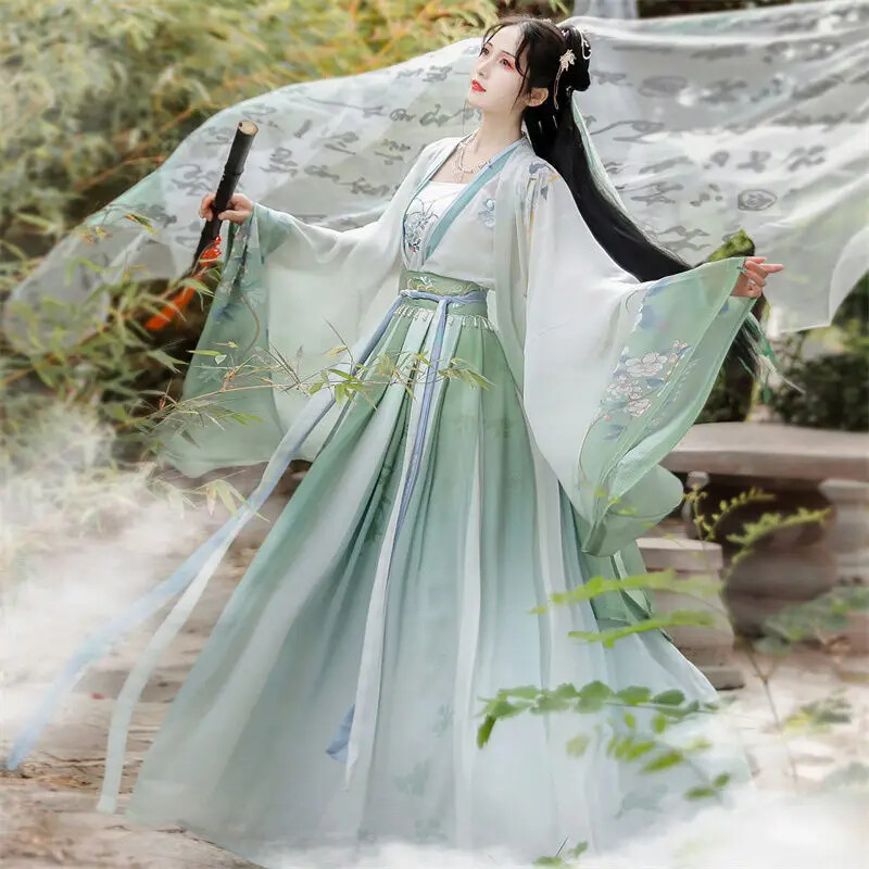 Print Hanfu Dress Women Chinese Style Cosplay Green Blue Costume Fairy Party