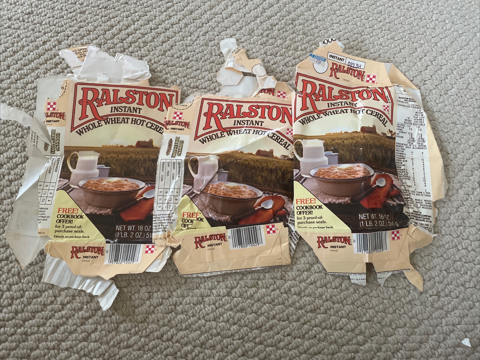 Set Of 3 Ralston Vintage 1981 Instant Whole Wheat Hot Cereal Empty Packaging