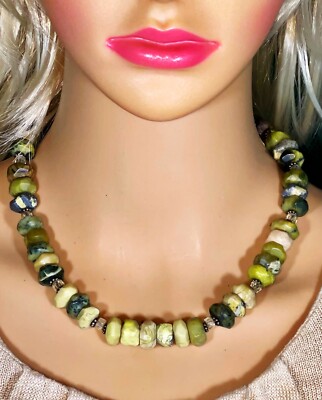 Chunky multicolor SERPENTINITE Nugget Necklace Silver & Crystal Beads 17  Custom