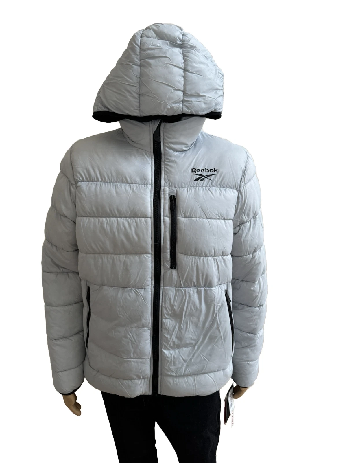 Reebok Men’s Insulated Hooded Winter Puffer Jacket Coat Zip Pockets Gray $165 XL
