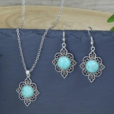 3 PCS Vintage Boho Women Faux Turquoise Silvery Earrings Pendant Necklace Set