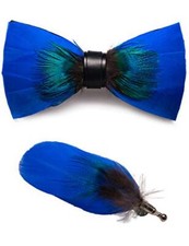 Handmade Feather Pre-tied Bow tie and Brooch Sets for Men Blue