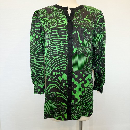 80s Diane Freis Silk Jacquard Green Bold Print Vintage Blouse Tunic Top Jacket - Picture 6 of 12