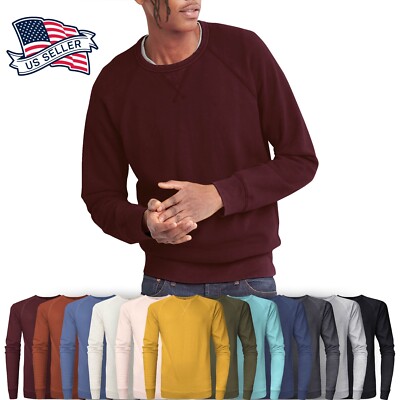 Mens Crew Neck Sweatshirt Solid Cotton FRENCH TERRY Fleece T Shirts Tee Casual
