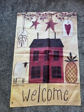 Primative Welcome Flag, 3' 3" x 2' 2", House & Pineapple, Pretty!