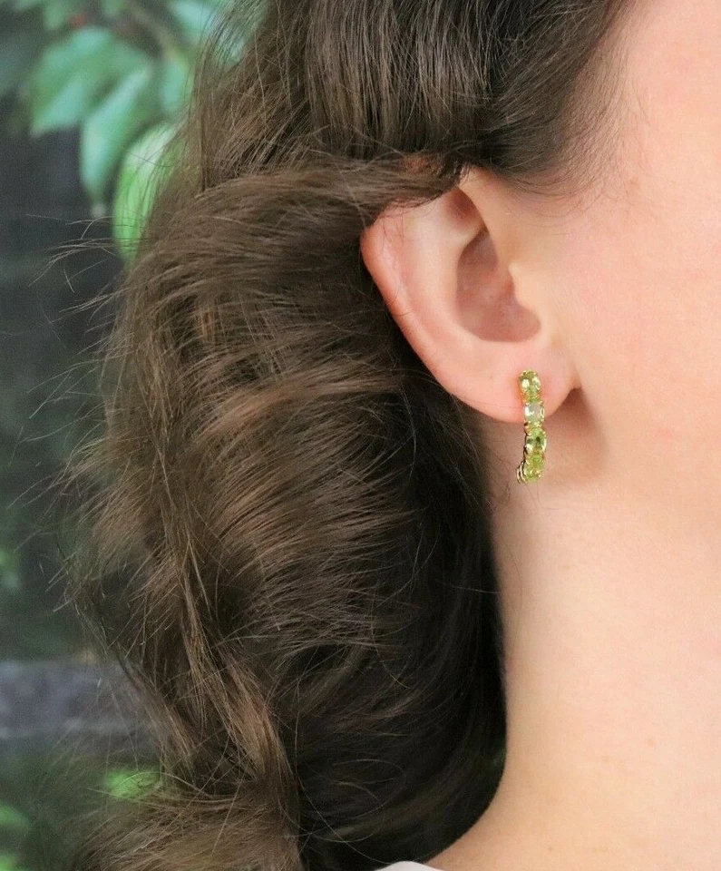 10k Yellow Gold Natural Green Peridot Earrings Half Hoop Earrings  3/4" Hoops - Image 3 of 4
