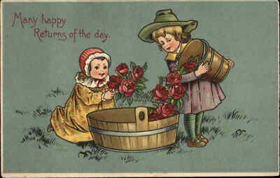 Happy Returns Little Girls Gardening Picking Roses c1910