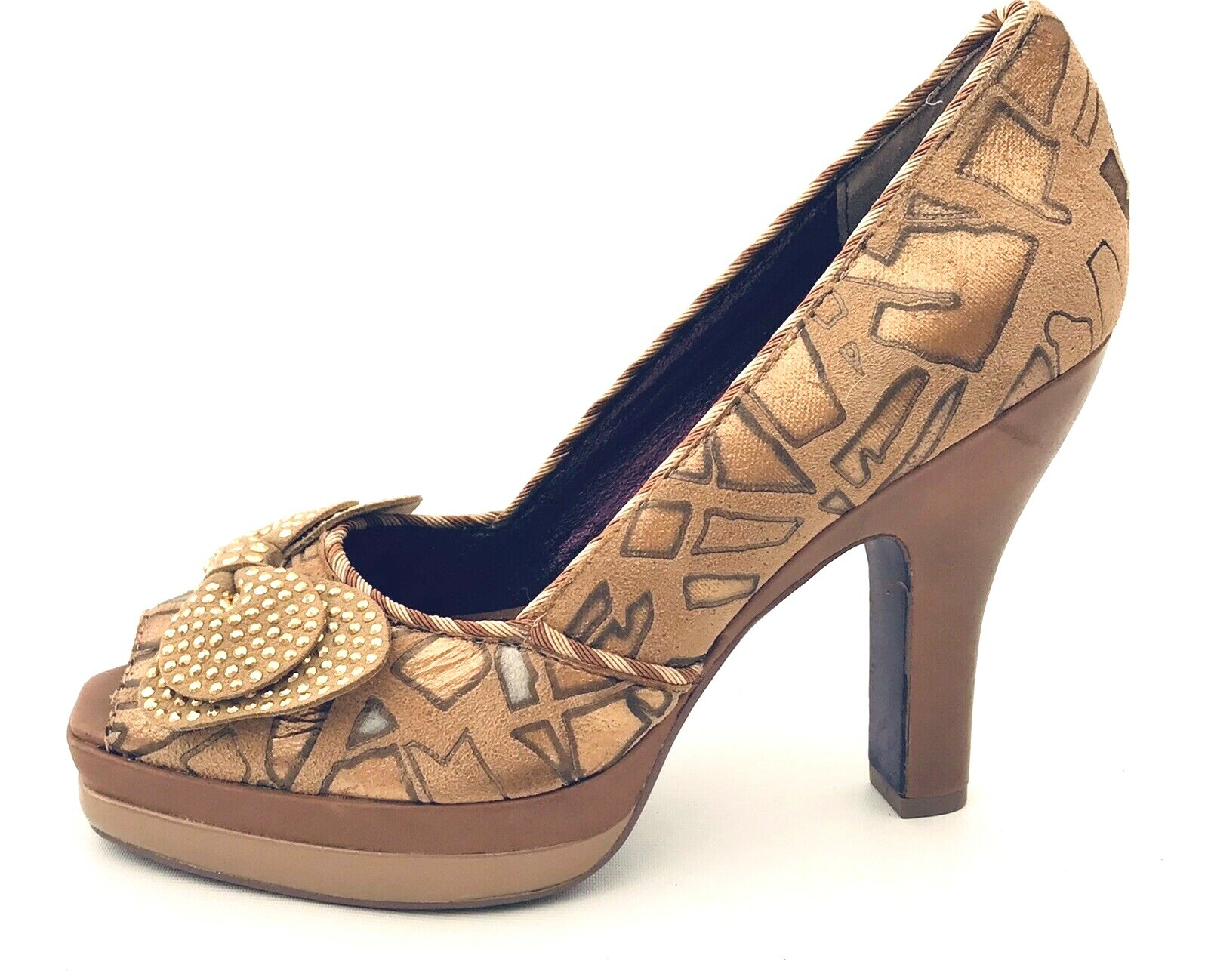 Poetic License Pumps Shoe Animal Print Bow Peep Toe High Heel Sz 7.5 Brown Deco