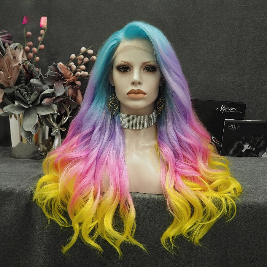 Ombre Wig Colorful Synthetic Lace Front Wig Blue Pink Purple