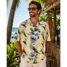 Iolani Mens Hawaiian Shirt M Yellow Blue Floral Hibiscus Rayon Made Hawaii VTG