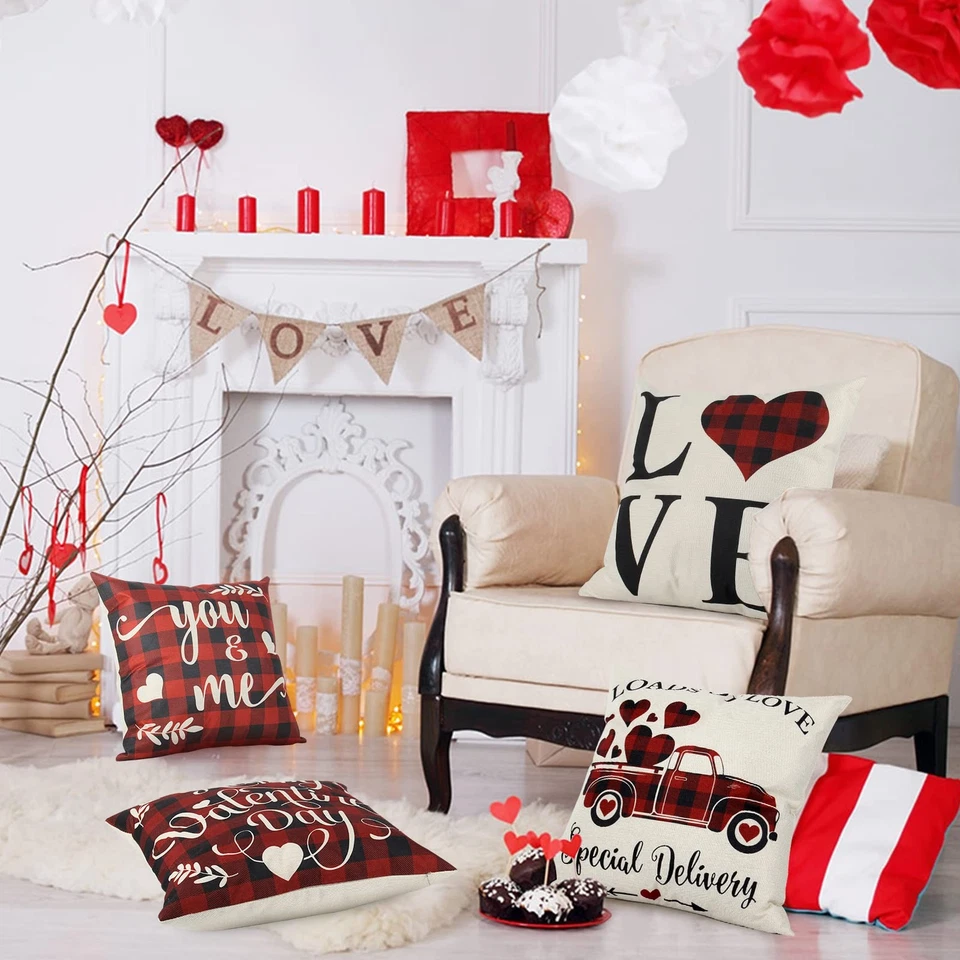 Valentines Day Pillow Covers 18x18 Inch Set of 4, Buffalo Plaid Red Heart Val... - Image 2 of 4