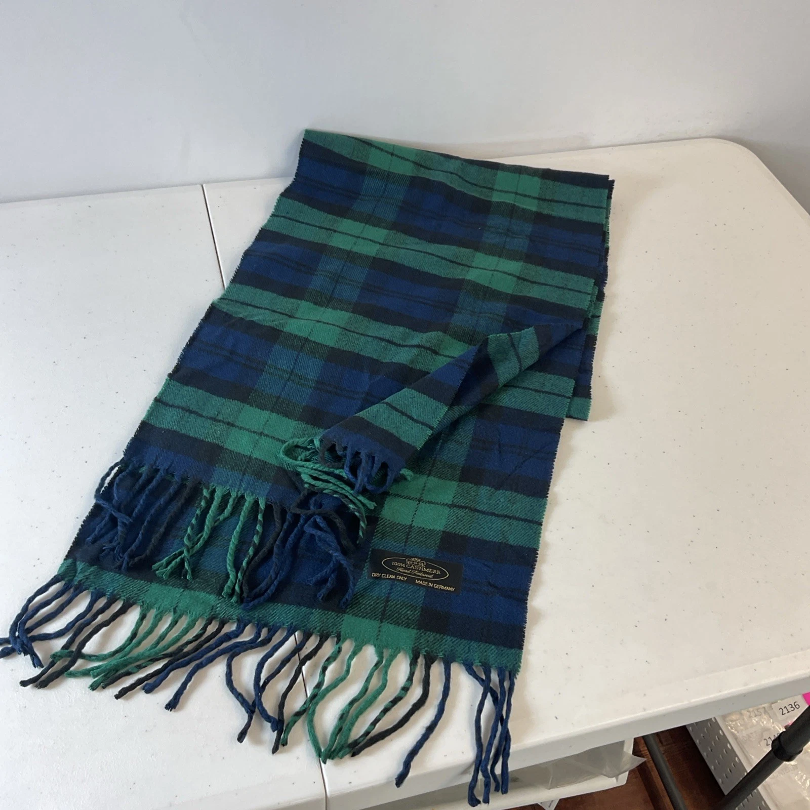 VTG 100% Cashmere Scarf Tartan Plaid Hand Tailored Germany Fringe 65x12 Luxury