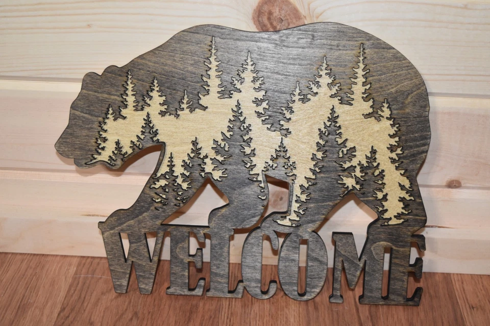 Rustic Bear with Wilderness Welcome Sign Laser Cut Dark Walnut and Golden Oak - Image 4 of 4