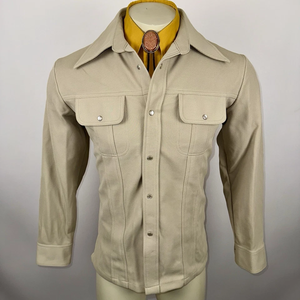 Vtg 60s 70s Leisure Suit Jacket Sears Pearl Snap Coat Rockabilly Tan Mens Medium - Image 2 of 4