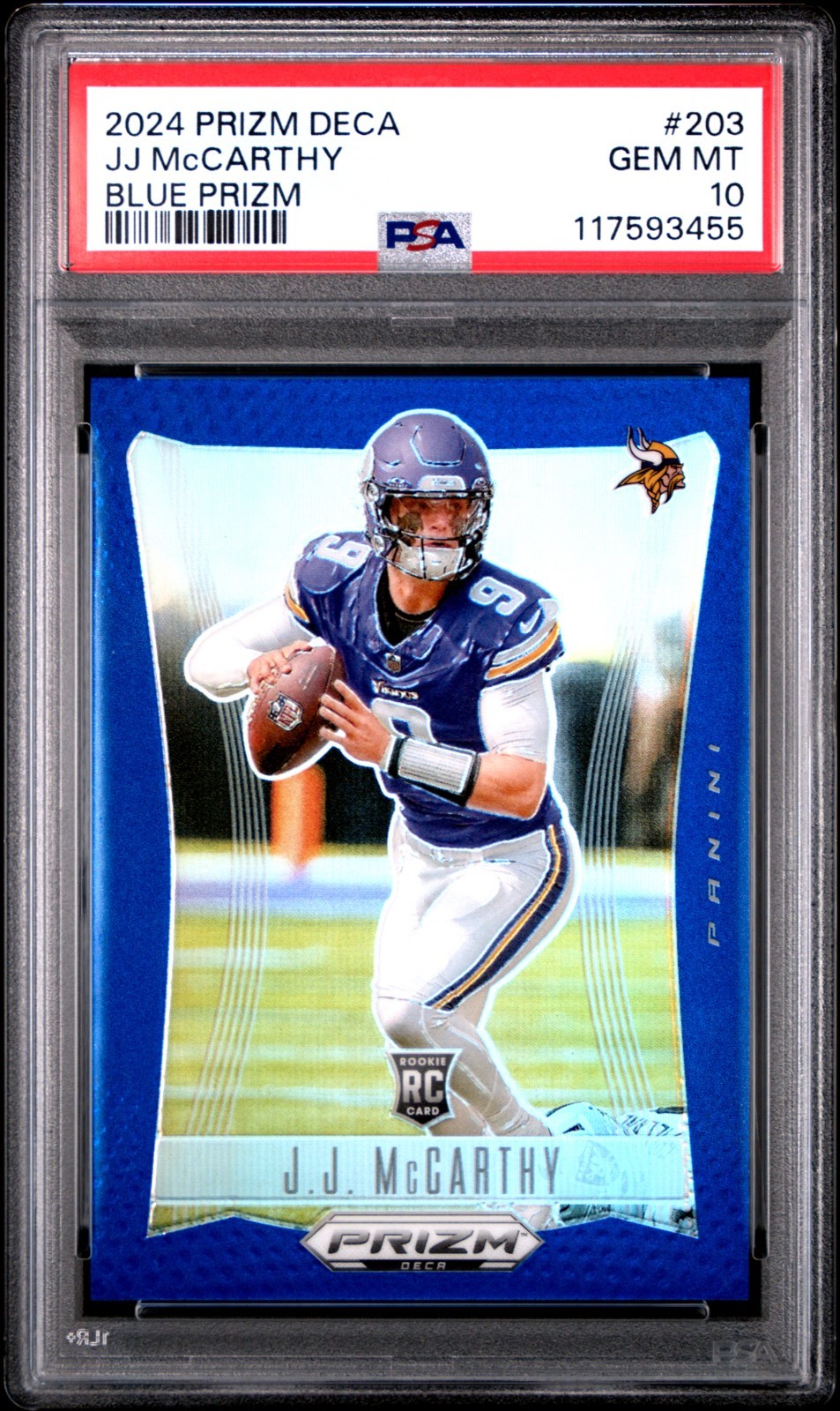 2024 PANINI PRIZM DECA #203 JJ McCARTHY BLUE PRIZM /149 PSA 10  POP 2