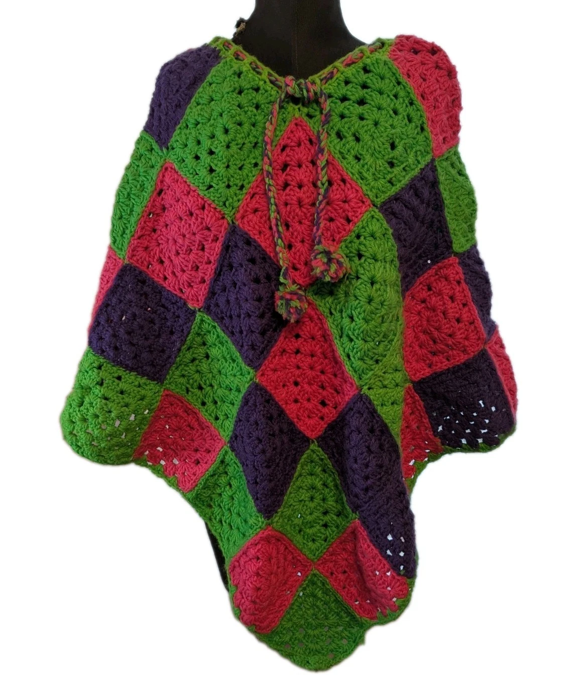 Handmade Granny Square Crochet Poncho Bright Pink Purple & Green Colors One-size