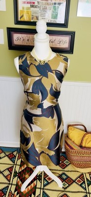 Ann Taylor Cat Jacquard Sheath Dress Sleeveless Gold Navy Cream Size 10