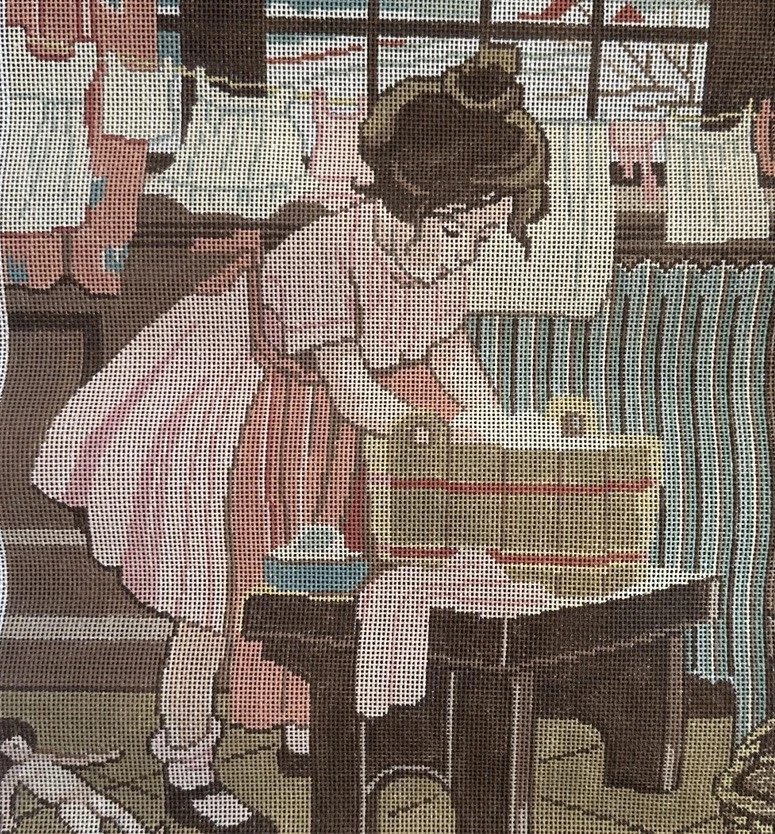 Theodora Handpainted Needlepoint Canvas “Washing Clothes” Rare Child Scene - Image 2 of 4