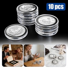10 PCS 38MM Clear Round Coin Capsules Plastic Holders Black Gaskets Storage Box