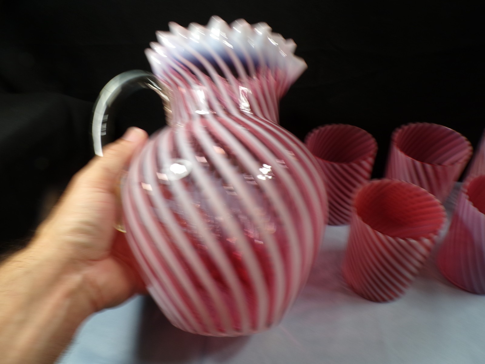 Northwood Cranberry Opalescent Swirl Spiral Optic Water Set Pitcher & 6 Tumblers