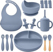 LITTLE RAWR Silicone Baby Feeding Set 14pc Led Weaning Blue Gray