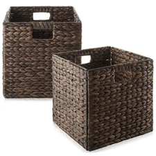 Set of 2 Hyacinth Storage Cubes, 12x12 Wicker Basket Bins for Shelves, Espresso