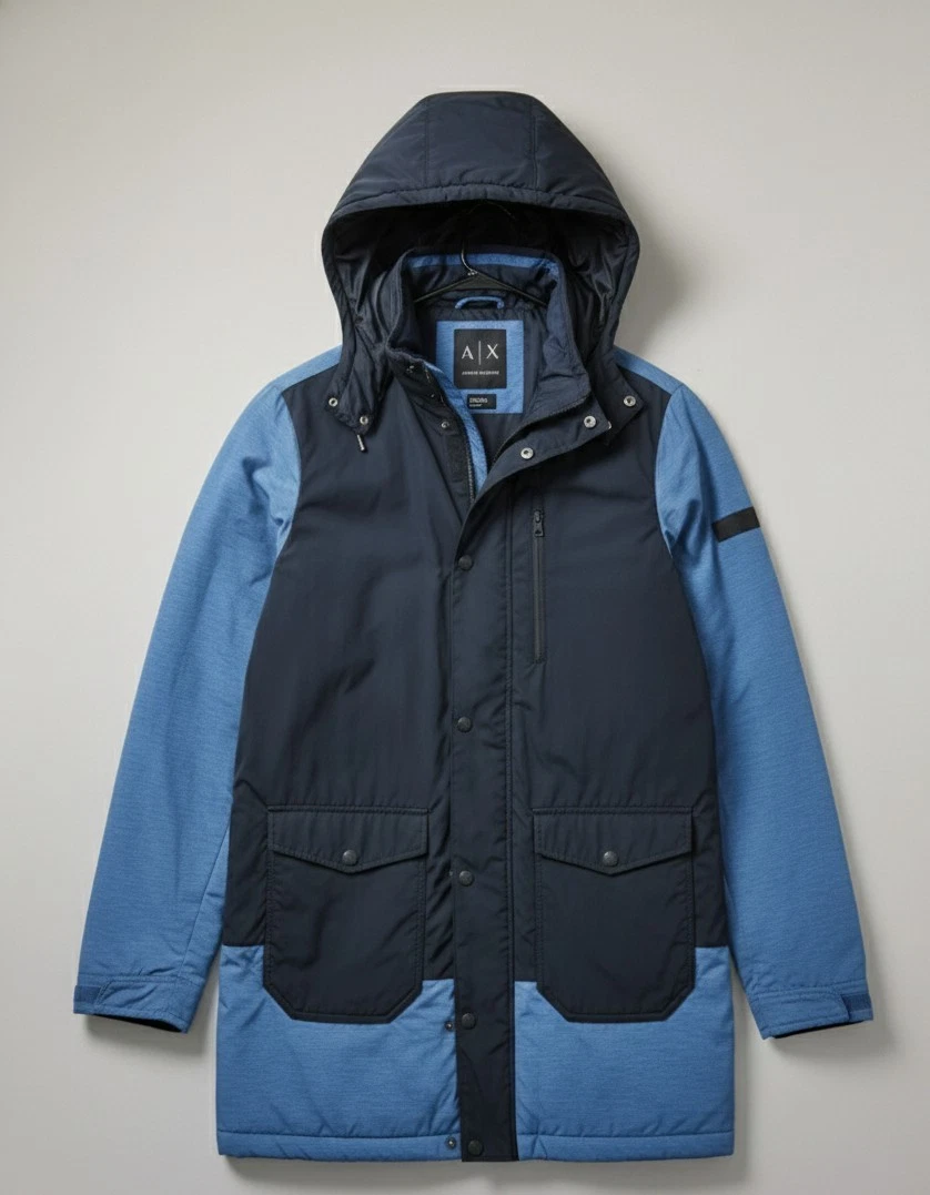 Armani Exchange Hooded Insulated Parka Jacket Blue Navy Colorblock Men's