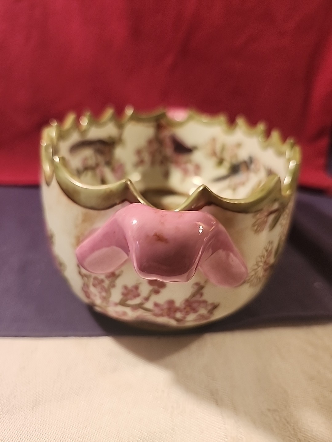 Vintage Chinoiserie Oval Bowl With Handles 6" x 12" Elk Birds Crest