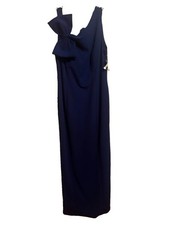 FOCUS by SHANI Navy Blue Solid One Shoulder Bow Chiffon Lined Long Gown 8