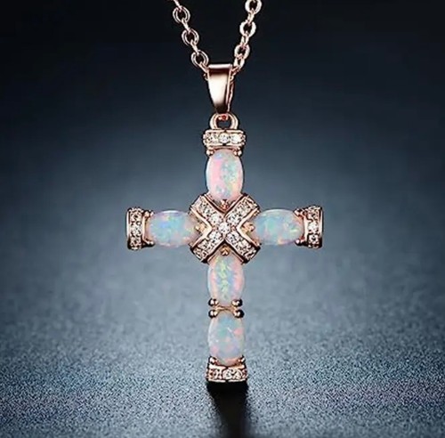 Rose Gold Fire Opal Crystal Religious Cross Crucifix Pendant Chain Necklace Gift - Picture 5 of 8