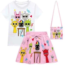 Sprunki 3-10 Girls' Skirt Set Short Sleeve pleated Skirt Bag 3-Piece Set