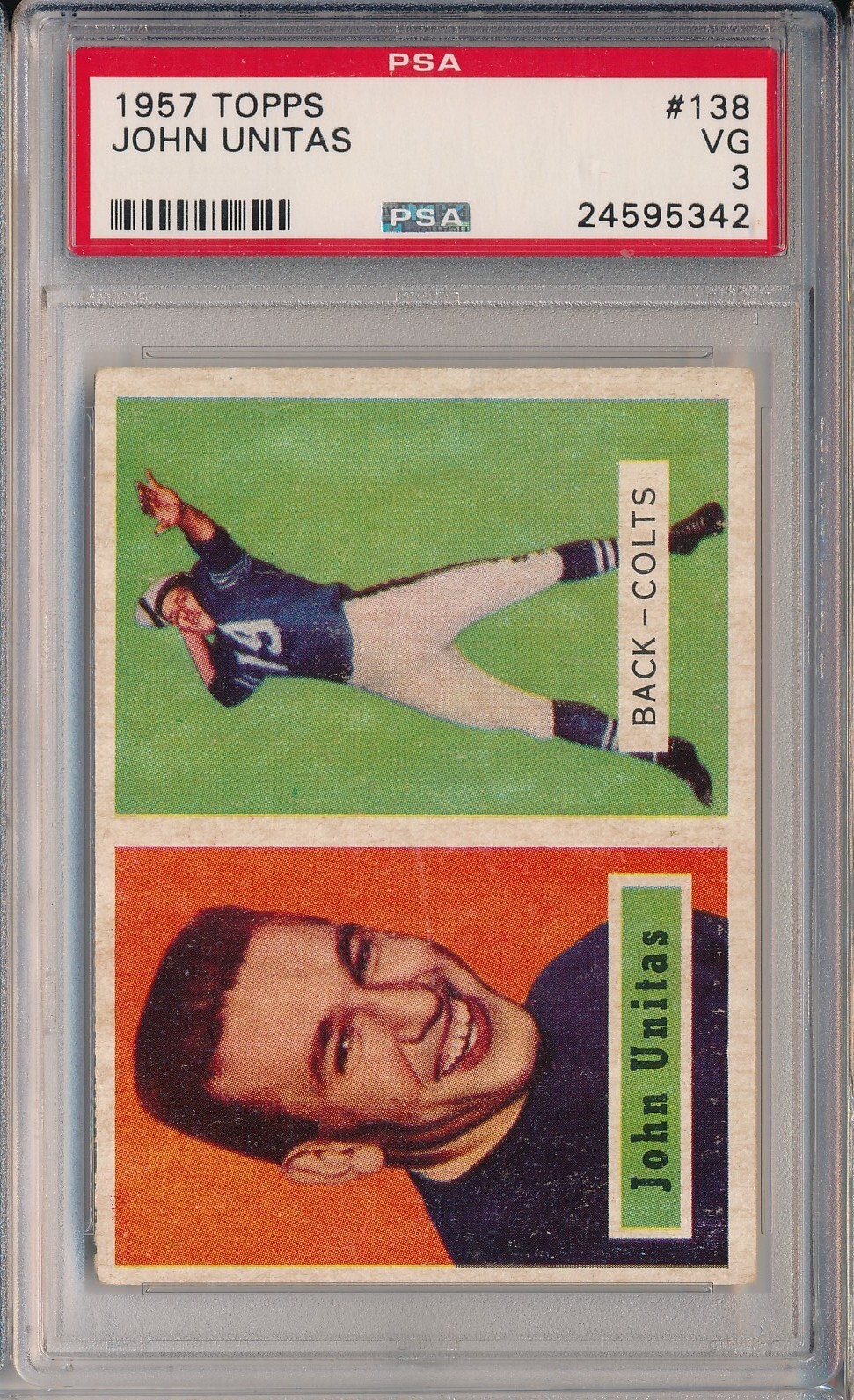 1957 TOPPS #138 JOHN UNITAS ROOKIE - PSA 3 VG (SVSC)
