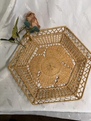 Vintage Tightly Woven Bamboo W Geometric Design Basket For Trinkets And Such