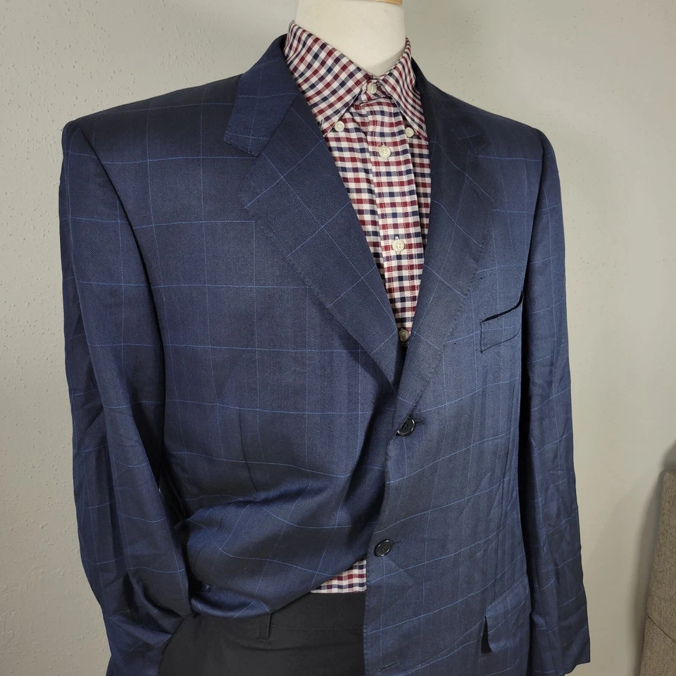 Abrigo Blazer Deportivo Para Hombre Canali AL13320/00 Dos Botones Azul Marino A Cuadros Seda Lana 52XL Foto 3 de 4