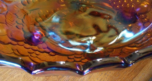 Vintage Indiana Iridescent Carnival Glass Harvest Grape Gold/Amber Oval Bowl 12" - Picture 11 of 12