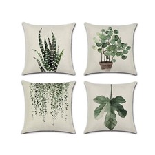 Set of 4 Pillow Covers 18x18, Green Plant Pattern Design Linen Fabric
