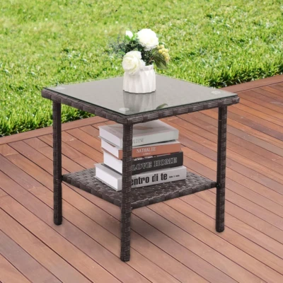 Outdoor Side Table, Square Patio Rattan Coffee Table with Glass Top Brown - Image 1 of 4