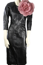 Vintage Black Leather Pink Flower Brooch 3/4 Sleeve Pencil Midi Dress Size S