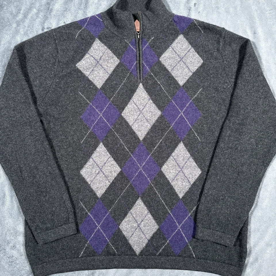 Suéter de Cachemira Harrison Davis Para Hombres XL Gris Argyle 1/4 Cremallera Suave 100% Abuelo Foto 3 de 4
