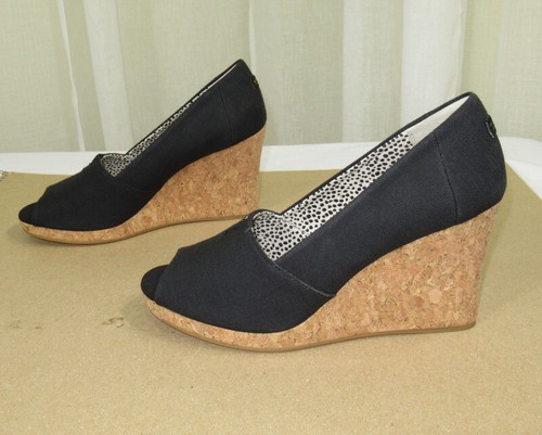 NUEVO TOMS Mujeres Michelle Negro Algodón Punta de Peep-Pee Plataforma Tacón Bomba de Cuña EE. UU. 10/42 - Imagen 7 de 12