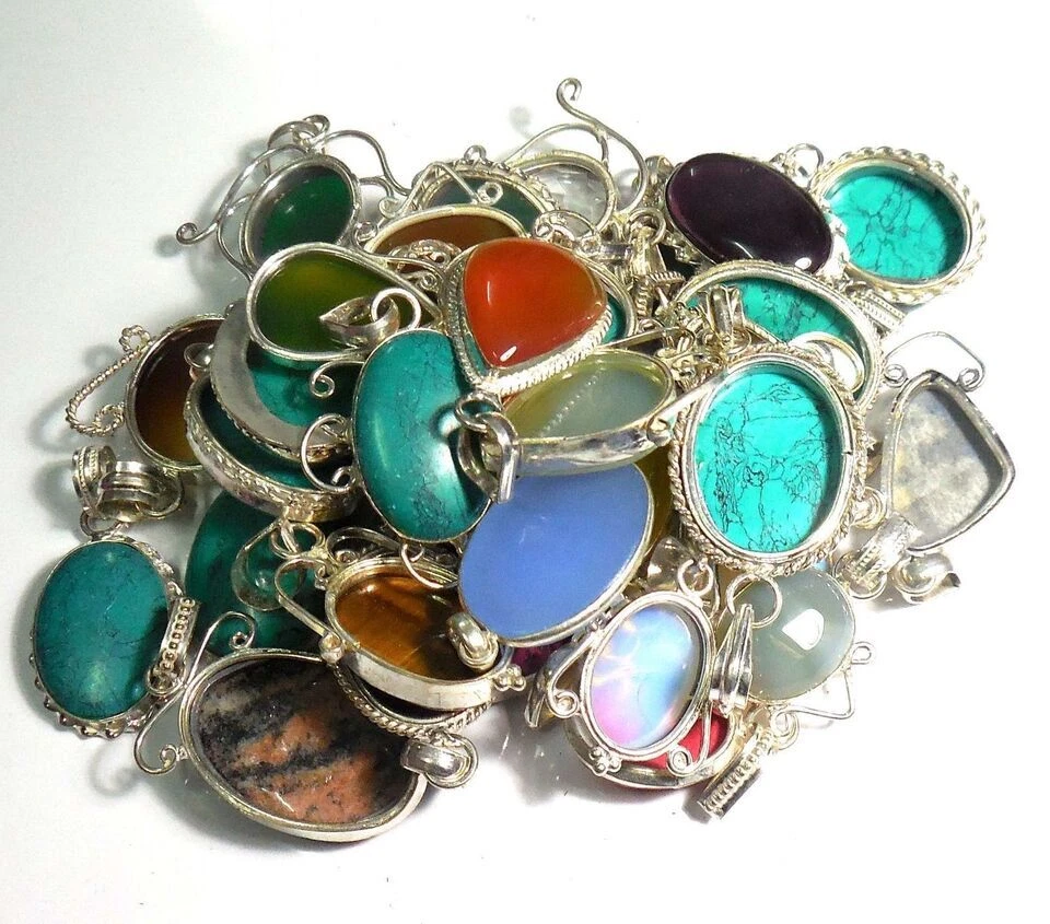 Malachite & Mix Gemstone 925 Sterling Silver Plated Fancy Wholesale Pendant Lot - Image 2 of 3