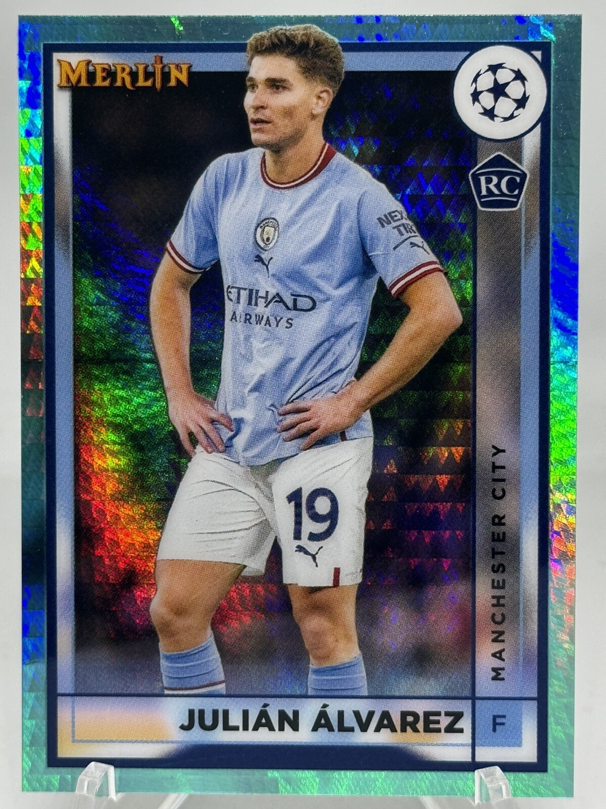 Julian Alvarez 2022-23 Topps Merlin UEFA #94 Aqua Prism Parallel Man City Rookie