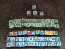 Sesame Street Wood Blocks - 63 pcs Blue  Red ABC SHAPES- Vintage Embossed