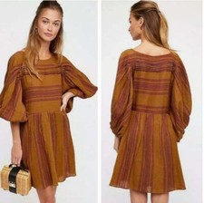 Free People Dress sz L Lilly Puff Sleeve Oversized Mini Bohemian Stripe Feminine