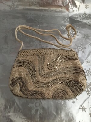  Vintage Beaded Bag Wristlet Dinner Dance Purse Evening Makeup Cream Gray