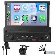Motorized Screen Single Din Radio Wireless Carplay 7'' Flip Out Car Stereo + Cam