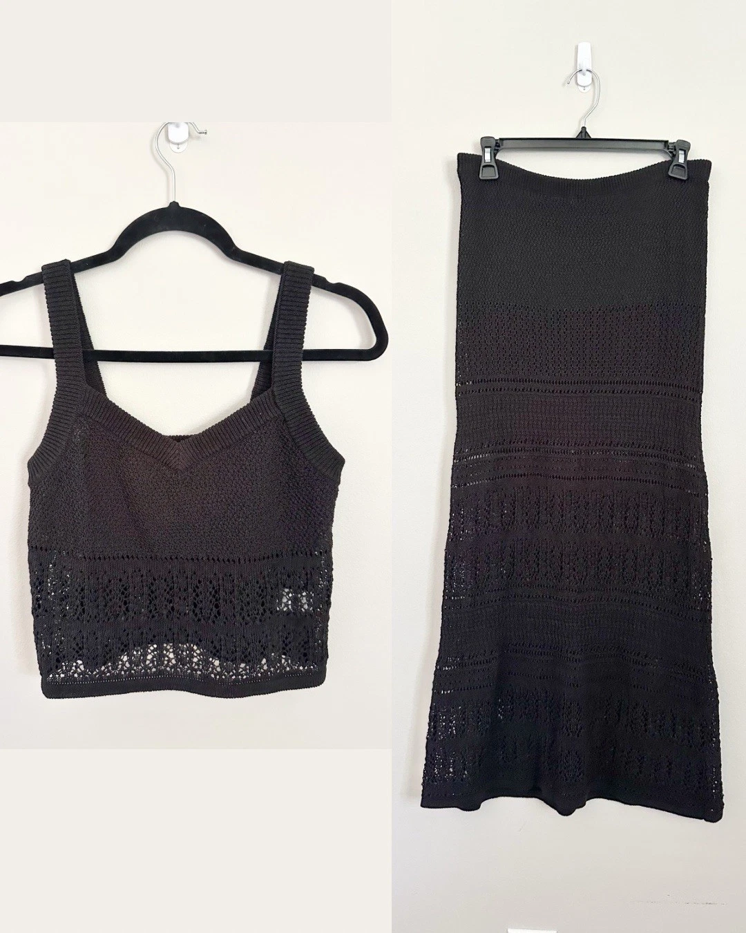 Minnie Rose Black Crochet Knit Tank Midi Skirt Set Size Small Linen Blend Resort