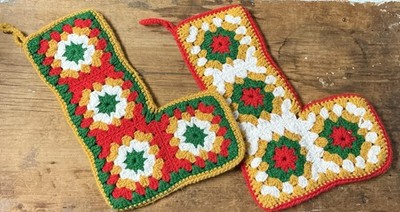 Vintage LOT Crocheted Christmas Stockings Granny Square Red White Green Mustard