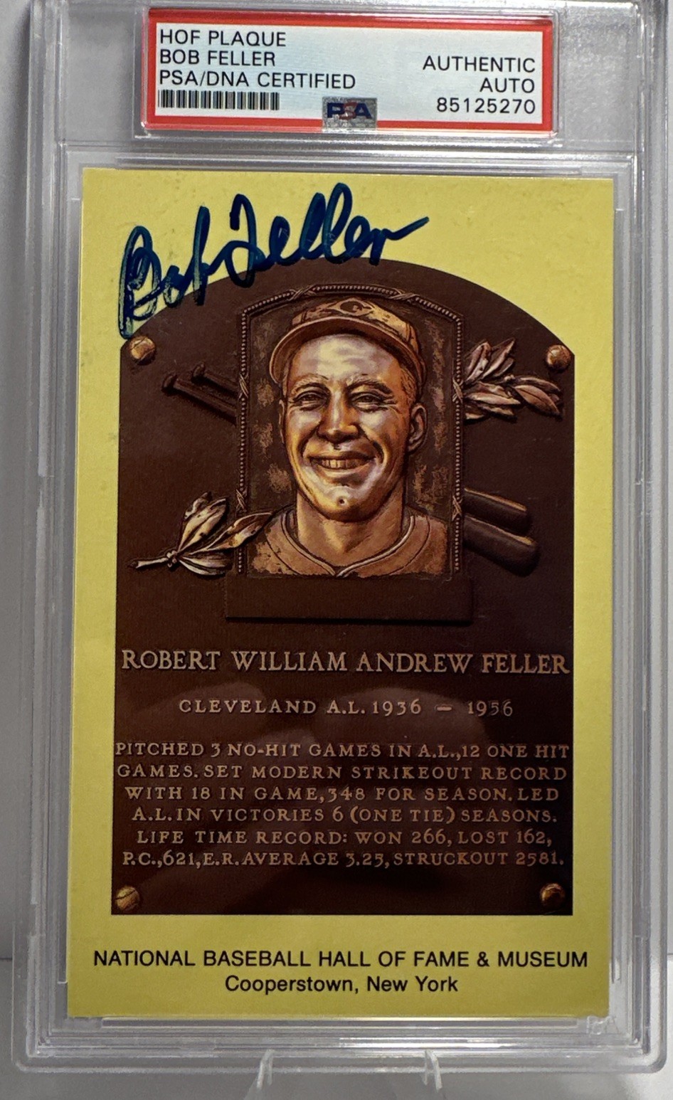 Bob Feller Autographed Signed 1964 Yellow HOF Plaque Postcard PSA DNA 